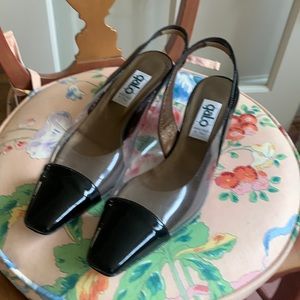 Galo patent leather & plastic toe sling backs